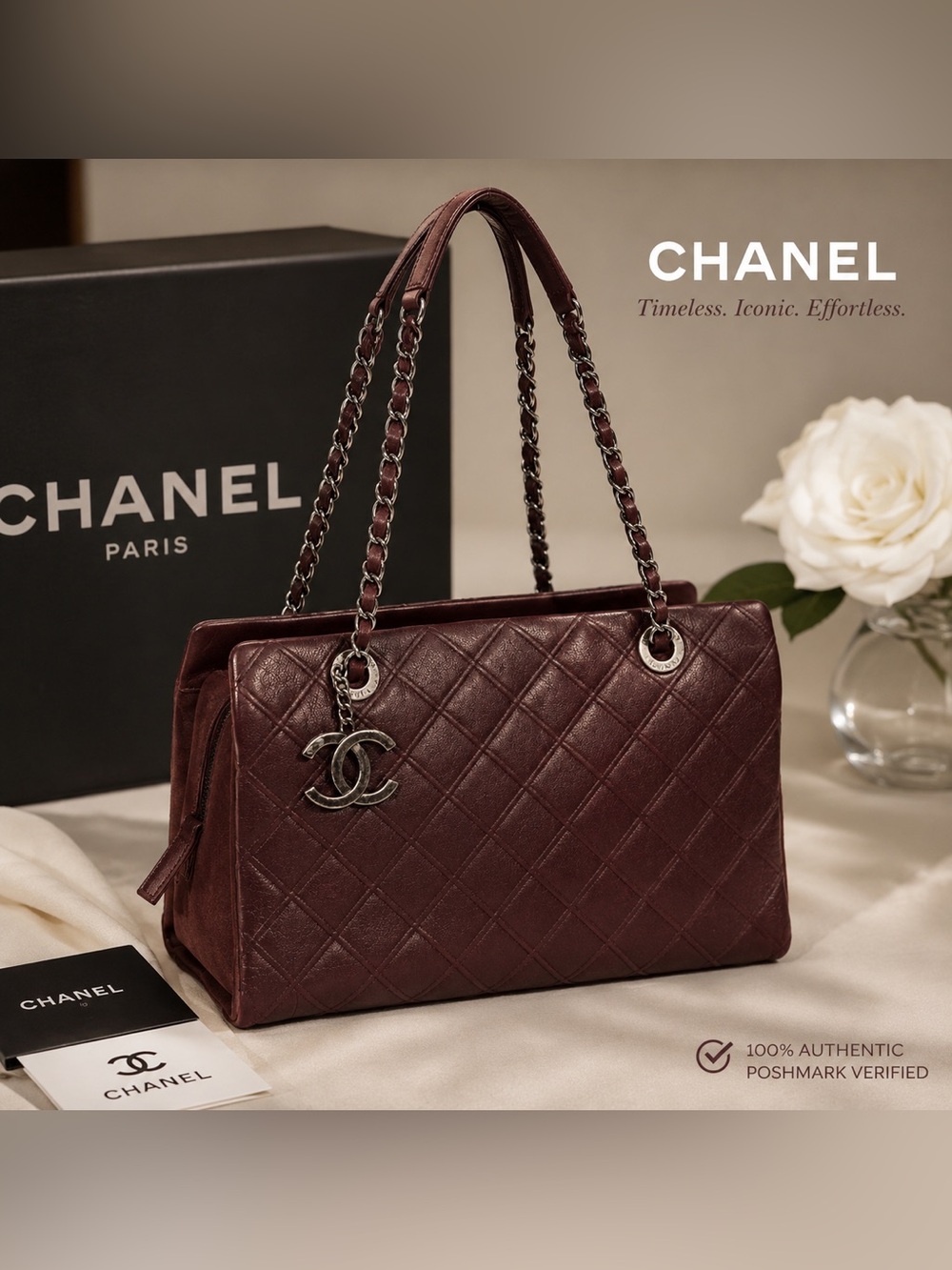 Chanel Burgundy Diamond Quilted Leather Shopping Tote CC Shoulder Bag Authentic